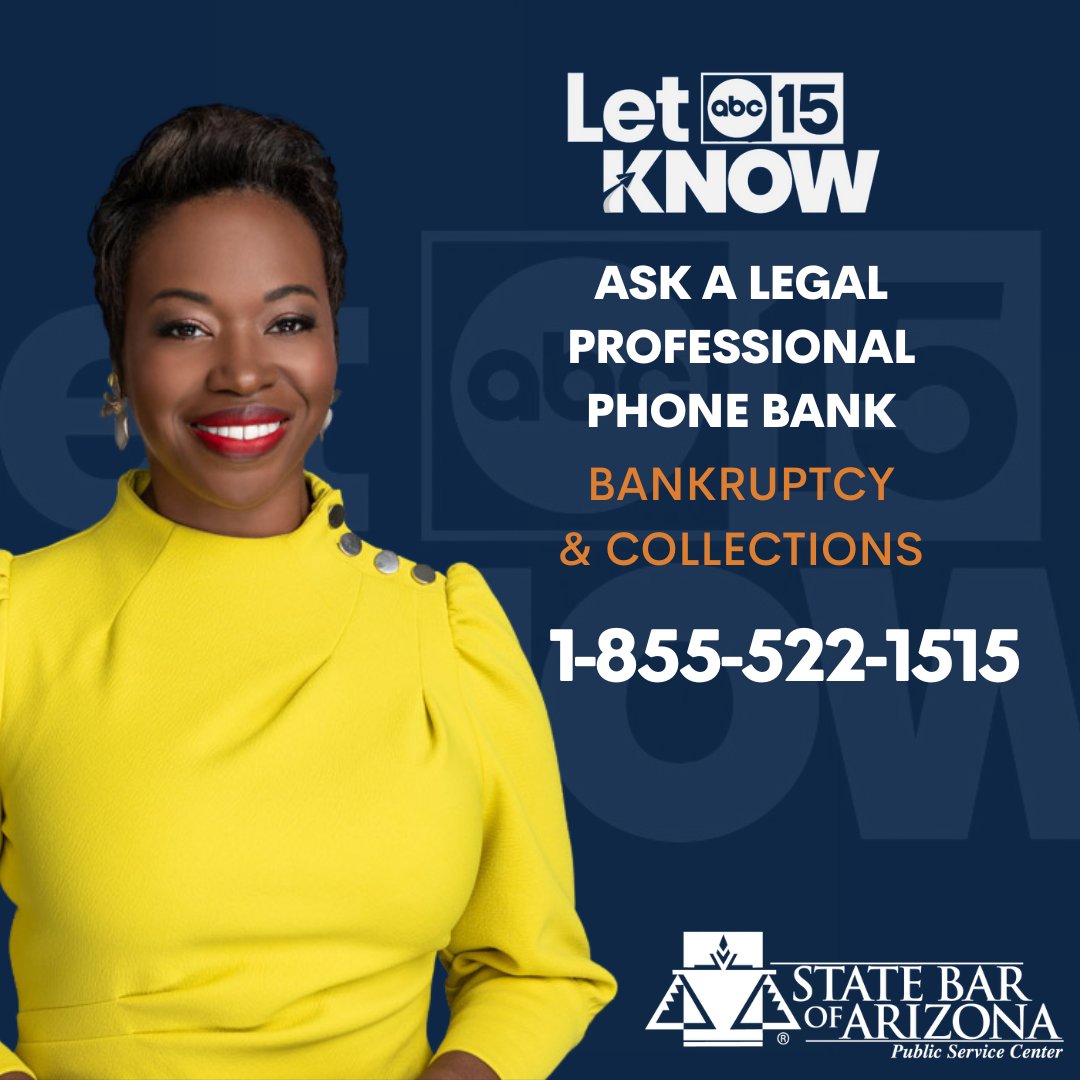 T-minus one hour! Tonight, volunteer legal professionals will be answering your bankruptcy and collections questions for FREE during our Let ABC15 Know Phone Bank. The lines are open from 5 - 7PM. Give us a ring!