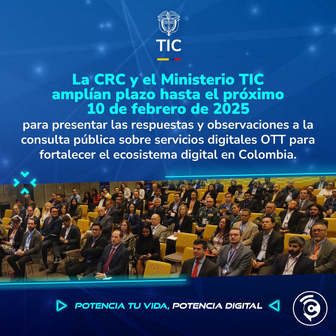 Ampliamos hasta el 10 de febrero la recepción de respuestas y observaciones a la consulta pública sobre servicios digitales OTT, en atención a las solicitudes de los agentes del sector. Más información aquí: bit.ly/4jpGc6a.