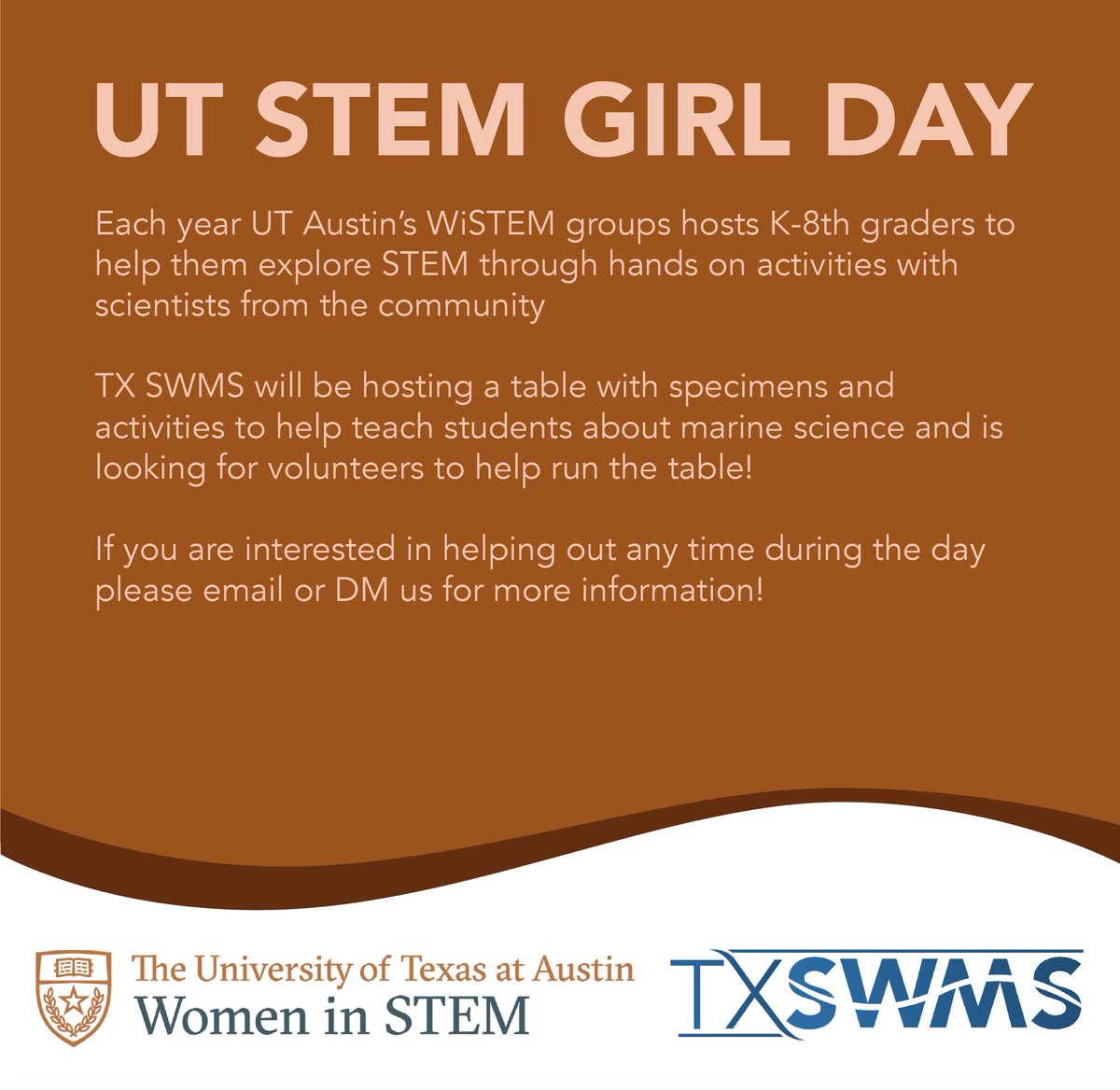 TX_SWMS's tweet image. UT STEM Girl Day is coming up and we are looking for volunteers to help run our table teaching students all about marine science! Email or DM us for more info!