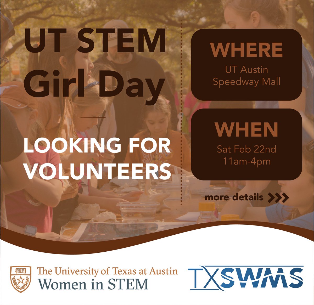 TX_SWMS's tweet image. UT STEM Girl Day is coming up and we are looking for volunteers to help run our table teaching students all about marine science! Email or DM us for more info!