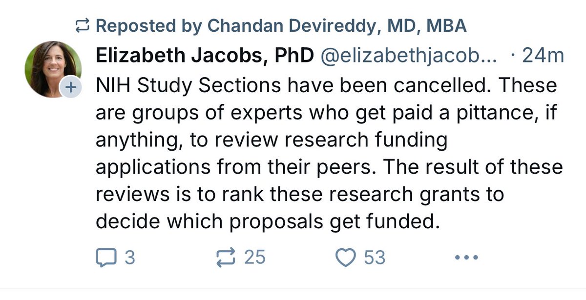 Honestly this is crazy. 
All NIH study sections are cancelled?

Do we not want to advance research?
MAGA should want more research to advance the lives of Americans and the world. #NIHstudysections #peerreview