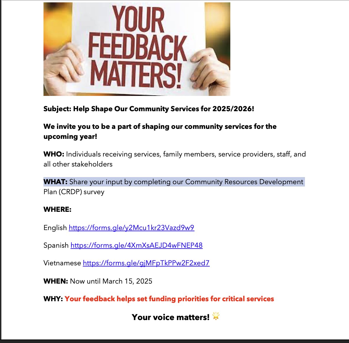 English forms.gle/y2Mcu1kr23Vazd…
Spanish forms.gle/4XmXsAEJD4wFNE…
Vietnamese forms.gle/gjMFpTkPPw2F2x…