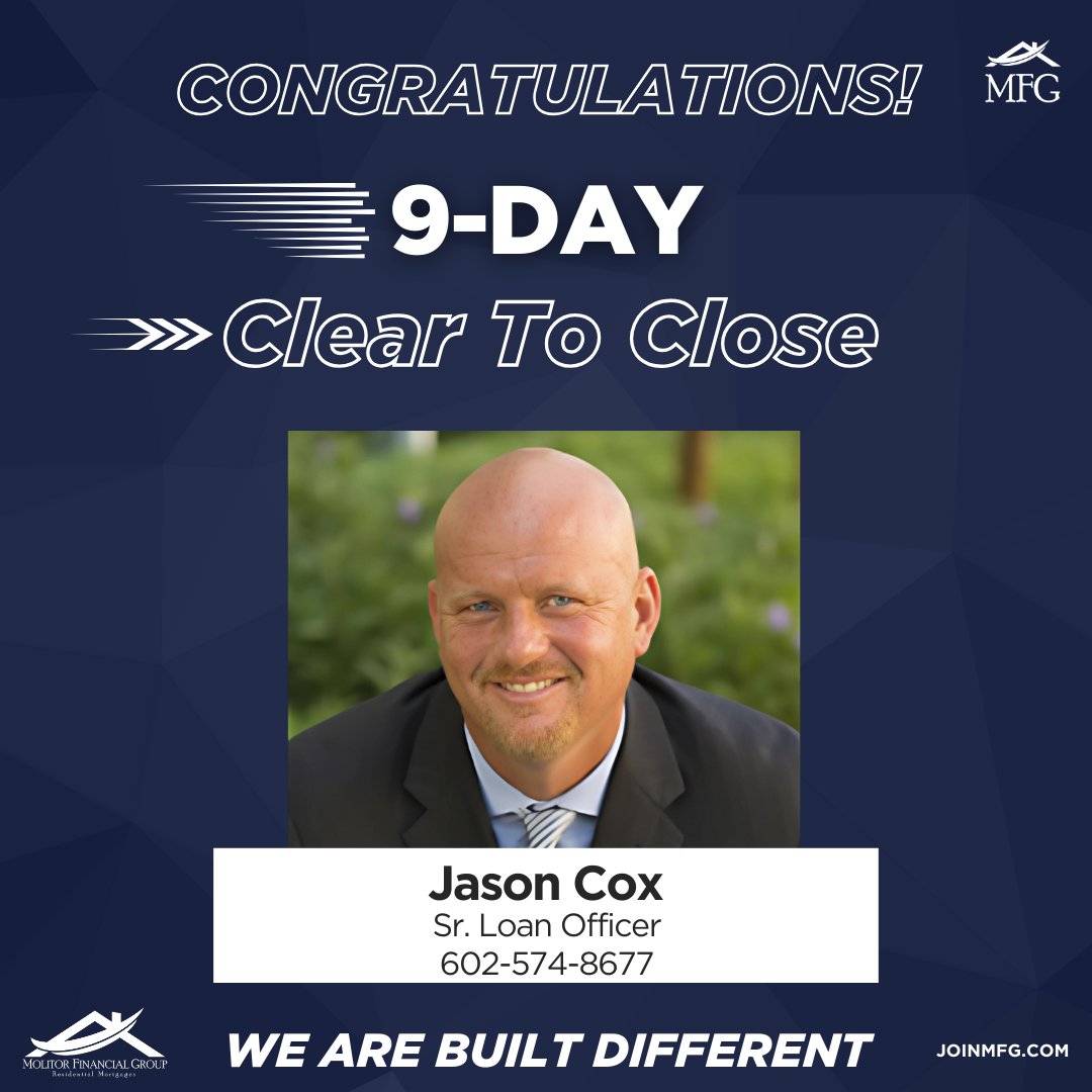 Huge congratulations to Jason for achieving a clear to close in just 9 days! His dedication and efficiency ensured a smooth and speedy process for his clients. At Molitor Financial Group, we’re all about delivering fast, reliable results. Great job, Jason! 👏