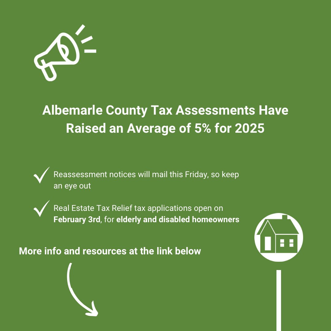 ahipva's tweet photo. The new year brings new challenges; the county’s tax base has raised an average of 5% for 2025, and property assessments are set to mail at the end of the week. Tax relief applications for Charlottesville open on February 3rd at https://t.co/fp9vg0NW1P https://t.co/L8GjDGfRDp