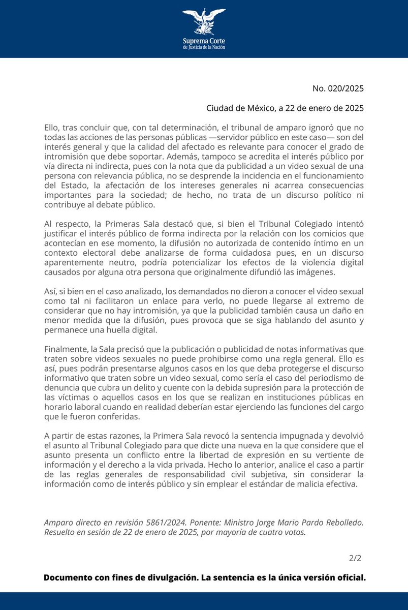 SCJN's tweet photo. El que una persona sea servidora pública no es razón suficiente para considerar de interés público la publicación de un video sexual relacionado con ésta: #PrimeraSalaSCJN https://t.co/TSX02tJ7V5 https://t.co/wqSnQDq1jJ