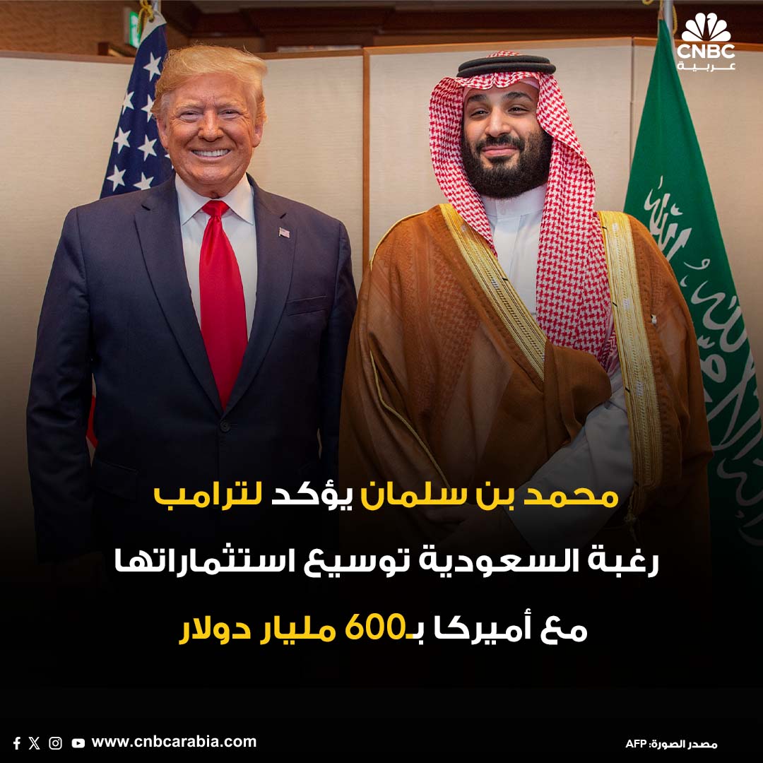 CNBCArabia's tweet photo. 🔴 خلال محادثة هاتفية بين ولي العهد السعودي محمد بن سلمان والرئيس الأميركي دونالد ترامب:

📌 ولي العهد السعودي يبلغ ترامب بأن المملكة تسعى لزيادة استثماراتها وتجارتها مع الولايات المتحدة بما لا يقل عن 600 مليار دولار خلال السنوات الأربع المقبلة

📌ولي العهد السعودي: إدارة ترامب قادرة على خلق ازدهار اقتصادي غير مسبوق تسعى المملكة للاستفادة من فرصه المتاحة للشراكة والاستثمار

📌ولي العهد السعودي يبحث مع ترامب سبل التعاون بين المملكة وأميركا لإحلال السلام والأمن والاستقرار في الشرق الأوسط

📌 ترامب أكد لولي العهد حرصه على العمل مع قيادة المملكة على كل ما من شأنه خدمة مصالحهما المشتركة
