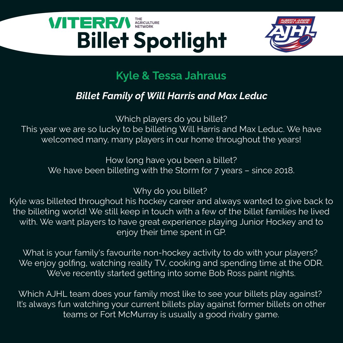 Viterra Canada AJHL Billet Spotlight: Kyle and Tessa Jahraus are the billet family for Will Harris and Max Leduc <a href="/GPStorm/">Grande Prairie Storm</a> and enjoy....Bob Ross Paint Nights😉 Thank you for seven years as a billet family! #AJHL