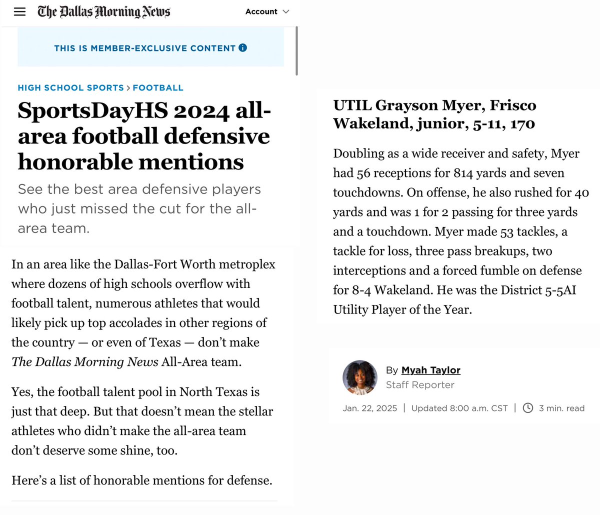 Grayson Myer (@graysonmyer) on Twitter photo Thankful to be recognized as All Area Defensive Honorable Mention!
<a href="/WakelandFTball/">Wakeland Wolverine Football</a> <a href="/WHSFBRecruiting/">Wakeland HS Football Recruiting</a>
<a href="/coach_isom60/">Coach Isom</a> <a href="/coachjwhoward/">Jim Howard</a> <a href="/coach_oglesbee/">Coach Oglesbee</a> <a href="/dpreston3308/">🇺🇸🏈Coach Preston 🇺🇸🥇</a> <a href="/coachbirdwell/">Coach Michael Birdwell, M. Ed.</a>
<a href="/Coach__Callahan/">Coach Callahan</a> <a href="/FlightSkillz/">Coach Flight</a>
<a href="/QBC_DFW/">QB Country-DFW</a> <a href="/TFloss32/">Todd Glawson</a> <a href="/TXTopTalent/">TX TOP TALENT</a> <a href="/MikeRoach247/">Mike Roach</a> <a href="/GPowersScout/">Greg Powers 🏟️</a> Thankful to be recognized as All Area Defensive Honorable Mention!
<a href="/WakelandFTball/">Wakeland Wolverine Football</a> <a href="/WHSFBRecruiting/">Wakeland HS Football Recruiting</a>
<a href="/coach_isom60/">Coach Isom</a> <a href="/coachjwhoward/">Jim Howard</a> <a href="/coach_oglesbee/">Coach Oglesbee</a> <a href="/dpreston3308/">🇺🇸🏈Coach Preston 🇺🇸🥇</a> <a href="/coachbirdwell/">Coach Michael Birdwell, M. Ed.</a>
<a href="/Coach__Callahan/">Coach Callahan</a> <a href="/FlightSkillz/">Coach Flight</a>
<a href="/QBC_DFW/">QB Country-DFW</a> <a href="/TFloss32/">Todd Glawson</a> <a href="/TXTopTalent/">TX TOP TALENT</a> <a href="/MikeRoach247/">Mike Roach</a> <a href="/GPowersScout/">Greg Powers 🏟️</a>