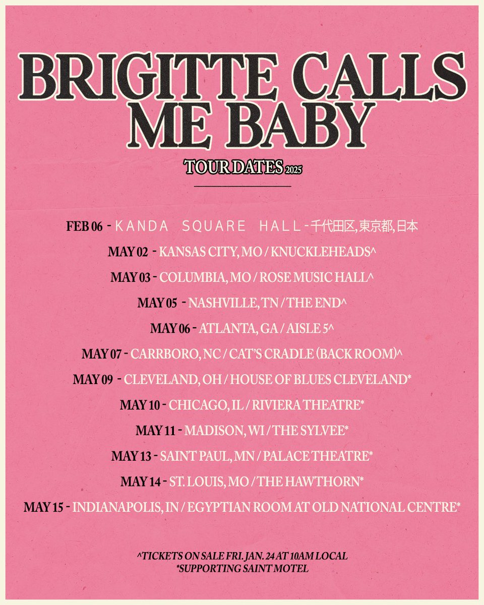 Brigitte Calls Me Baby (@bcmbband) on Twitter photo New Brigitte Calls Me Baby tour dates this summer! We’ll be playing a few shows in the beginning of May before heading out to support <a href="/SaintMotel/">SAINT MOTEL</a>. We’re excited to be kicking off these tour dates in Tokyo, Japan on February 06.
Tickets go on-sale this Fri., Jan. 24 at 10am local New Brigitte Calls Me Baby tour dates this summer! We’ll be playing a few shows in the beginning of May before heading out to support <a href="/SaintMotel/">SAINT MOTEL</a>. We’re excited to be kicking off these tour dates in Tokyo, Japan on February 06.
Tickets go on-sale this Fri., Jan. 24 at 10am local