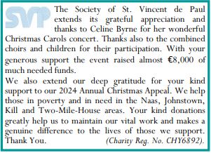 naasparish (@naasparish) on Twitter photo The Society of St. Vincent de Paul <a href="/SVP_Ireland/">SVP - Ireland</a> extends thanks to Celine Byrne <a href="/CelineSoprano/">Celine Byrne</a> for her Christmas Carols concert which raised almost €8,000. Thanks to the adult choirs and children's choirs who participated. Thanks also to all who supported the Christmas Appeal. The Society of St. Vincent de Paul <a href="/SVP_Ireland/">SVP - Ireland</a> extends thanks to Celine Byrne <a href="/CelineSoprano/">Celine Byrne</a> for her Christmas Carols concert which raised almost €8,000. Thanks to the adult choirs and children's choirs who participated. Thanks also to all who supported the Christmas Appeal.