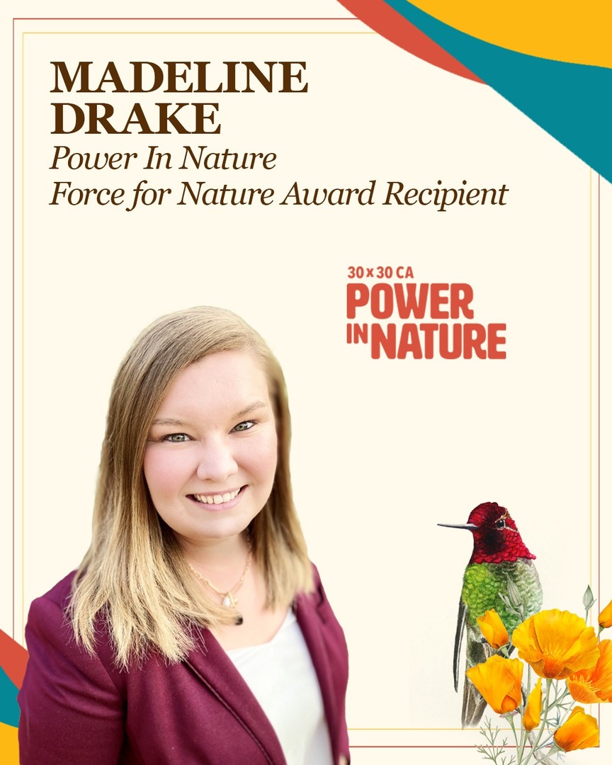 Power in Nature (@powerinnatureca) on Twitter photo Madeline Drake with <a href="/CalNatResources/">California Natural Resources Agency</a>, is an inspiring leader in CA’s 30x30 initiative, from crafting the Pathways to 30x30 Strategy to driving its implementation. The Power in Nature Coalition recognizes her extraordinary contributions with the Force for Nature Award! Madeline Drake with <a href="/CalNatResources/">California Natural Resources Agency</a>, is an inspiring leader in CA’s 30x30 initiative, from crafting the Pathways to 30x30 Strategy to driving its implementation. The Power in Nature Coalition recognizes her extraordinary contributions with the Force for Nature Award!
