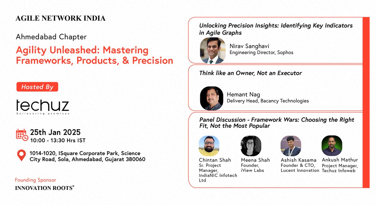 AgileNetwork_in's tweet image. Agile Network India #AhmedabadChapter | #JanuaryEvent

Agenda Live!

Date: 25th Jan, 2025 (Saturday)

Time: 10:00am to 1:30pm

Hosted By: Techuz - Software, AI and Automation, #Ahmedabad

Join us: agilecommunity.org/event-details/… (Free to Participate)