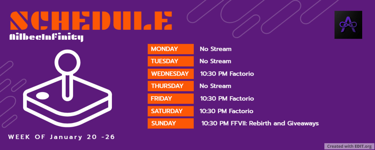 Live now! and a schedule! twitch.tv/ailbecinfinity