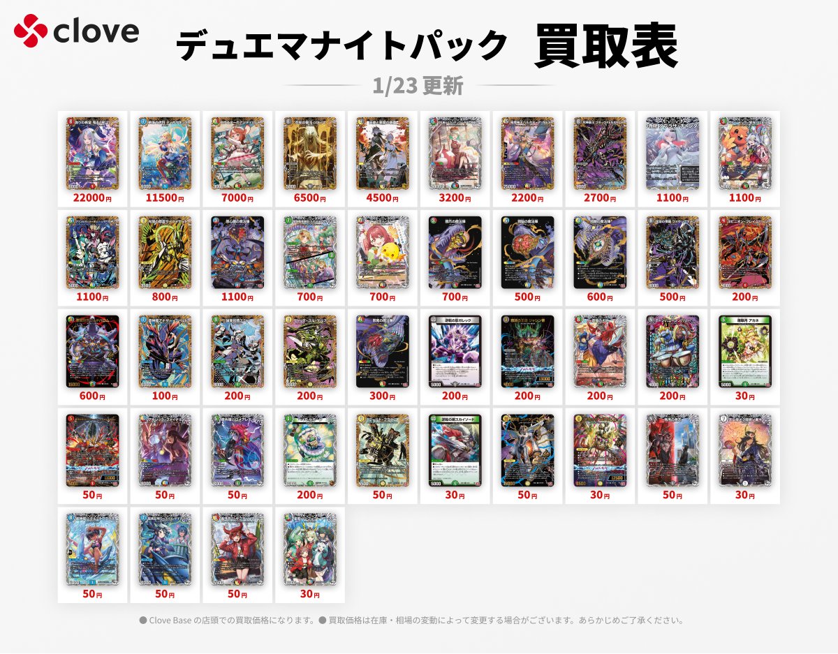 🧨デュエマ買取情報💣】 デュエマナイトパックの買取表になります