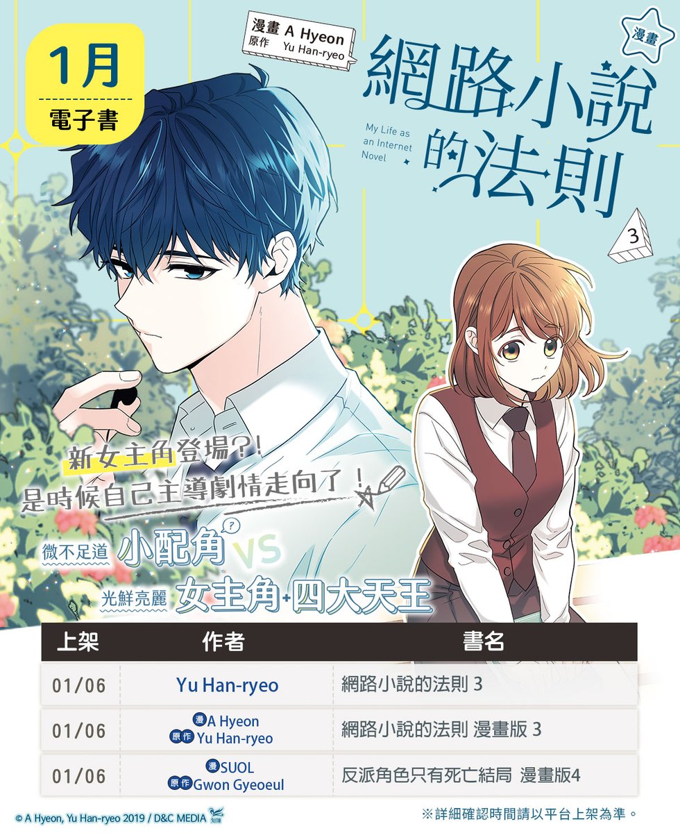 chilinbooks's tweet photo. 📚1月電子書上架⭐
《#網路小說的法則 3》小說版、漫畫版📚電子書新書上架囉!
《#反派角色只有死亡結局 4》漫畫版📚電子書新書上架囉!
🔔實際上架時間,請以各平台上架為準🔔
(1/2)
#YuHanryeo #AHyeon #nokcy #Hammi
#악역의엔딩은죽음뿐 #GwonGyeoeul #SUOL #VillainsAreDestinedtoDie https://t.co/EeK7zNq5qN