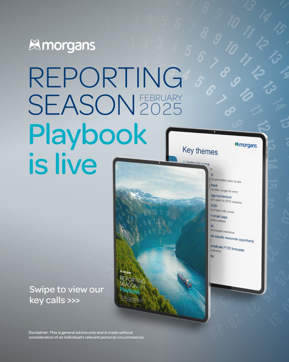 morgansAU's tweet photo. The Morgans Reporting Season Playbook for February 2025 is out now 📖🔥

Become a Morgans client today to view the full playbook and get access to professional insights backed by our in-house research team:
https://t.co/NLSXoNtFKi

#ReportingSeason #ASX #Ausbiz https://t.co/bZBjWiAM6n