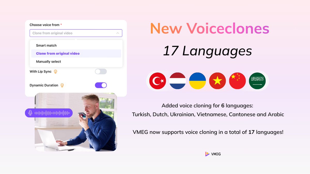 vmeg_ai's tweet photo. 🎉 Exciting News! 🎉
We've added voice cloning for 6 new languages: 🇹🇷 Turkish, 🇳🇱 Dutch, 🇺🇦 Ukrainian, 🇻🇳 Vietnamese, 🇨🇳🇭🇰 Cantonese, and 🇸🇦 Arabic!
🌍 VMEG now supports voice cloning in a total of 17 languages! 🗣️✨
🚀 Ready to take your content global? Let’s make it happen! 🌟
🇹🇷 Türkçe dil klonlama desteği
🇳🇱 Ondersteuning voor Nederlands klonen
🇺🇦 Підтримка клонування української мови
🇻🇳 Hỗ trợ nhân bản giọng nói tiếng Việt.
🇨🇳 VMEG而家支持粤语聲音克隆啦!
🇸🇦 دعم الاستنساخ باللغة العربية