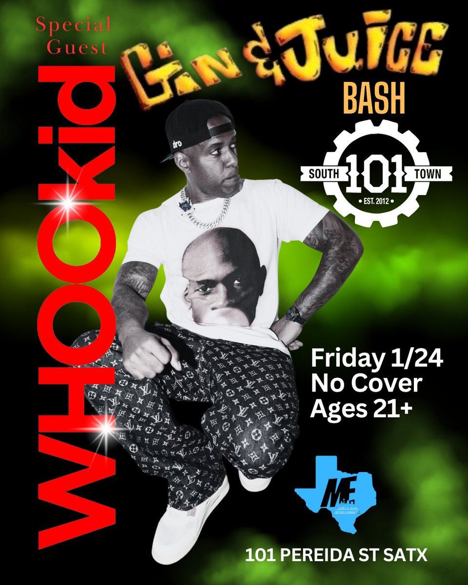Southtown101's tweet photo. 🚨 Big Announcement 🚨 

This Friday night, 1/24, we are pleased to announce the legendary DJ Whoo Kid   will be performing at Southtown 101 - Bar • Grill • Live Music , promising an unforgettable night. We present the Gin &amp; Juice Bash, featuring the renowned DJ Whoo Kid #satx https://t.co/SKMWSZsjlL