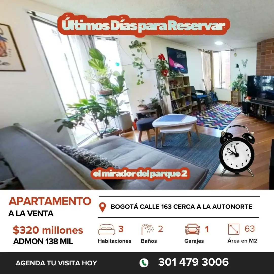 ⚡ ¡No dejes pasar esta oportunidad! Solo queda 1 apartamentos disponibles en LA CALLE 163 CON ESTE PRECIO Y CON GARAJE
Desde $320 millones.
Tasas preferenciales con nuestros 9 bancos aliados. Agenda tu visita hoy: 301 479 3006