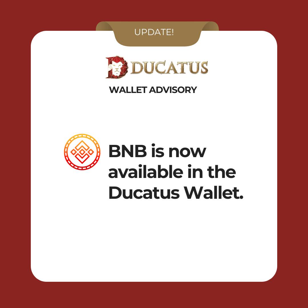 DucatusX's tweet photo. The official coin of the Binance ecosystem has been added to the Ducatus Wallet! Make sure to update to the latest version of the Ducatus Wallet app to start storing, sending, receiving and transacting BNB. #DucatusWallet #BNB #digitaleconomy #blockchain #Binance #Ducatus https://t.co/ncbLm3Wd6p