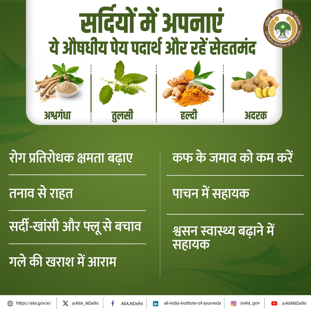 CBCAligarh's tweet image. दिन की शुरुआत एक कप हल्दी-दूध, अदरक वाली चाय या तुलसी का काढ़ा पीकर करें। यह आपको फिट और ऊर्जावान बनाए रखेगा। ठंड में अश्वगंधा, तुलसी, हल्दी, और अदरक से बने औषधीय पेय अपनाएं और सेहतमंद रहें।

#AIIA #Ayurveda #Ayush #carewithcompassion