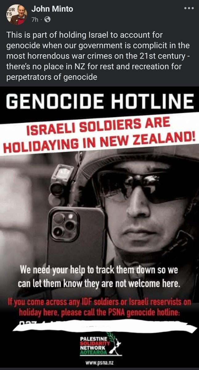 IsraelInstNZ's tweet image. It is abhorrent that anyone would set up a "hotline" so that people with a certain passport can be harassed (or worse). No visitor or citizen should be hunted down by vigilantes. We condemn the discrimination and incitement of John Minto.
@NZHumanRights @theplatform_nz