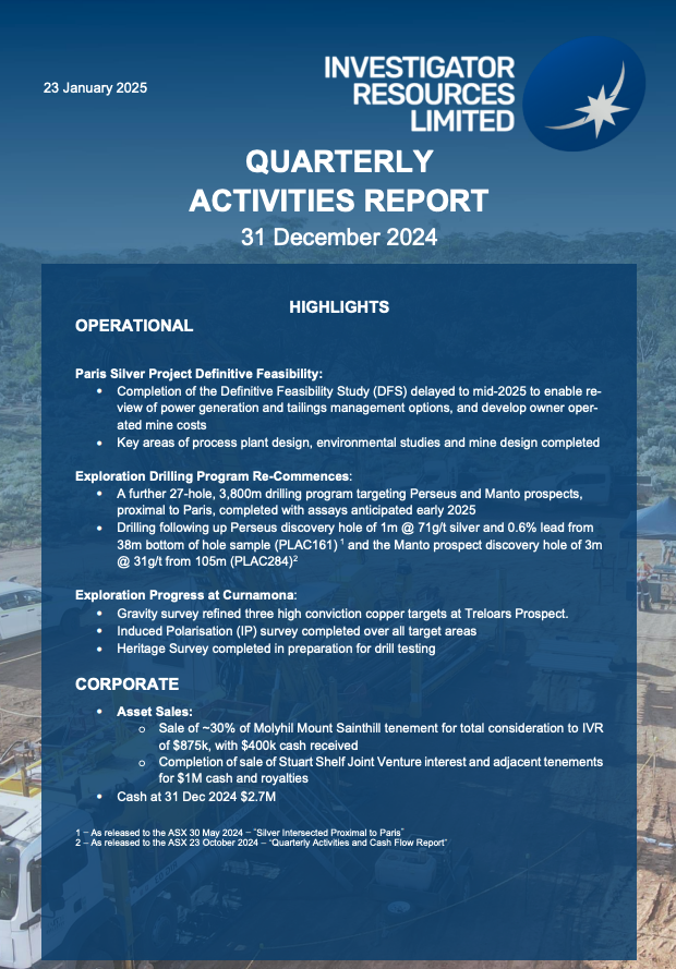 Quarterly Activities Report | December 2024 

Download full report here: bit.ly/3Q77Nf7

#ASX $IVR #silver #mining #tungsten #investment #investor