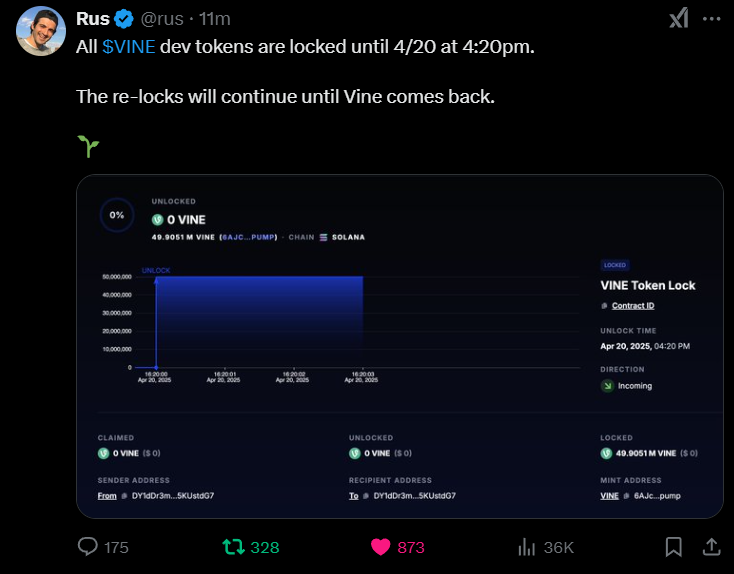 $VINE + MEMECOINS = MEMES ON STEROIDS

THE NARRATIVE IS MASSIVE: NOT STOP TILL VINE IS BACK

IF EXECUTED RIGHT, $1B IS NOT A DREAM