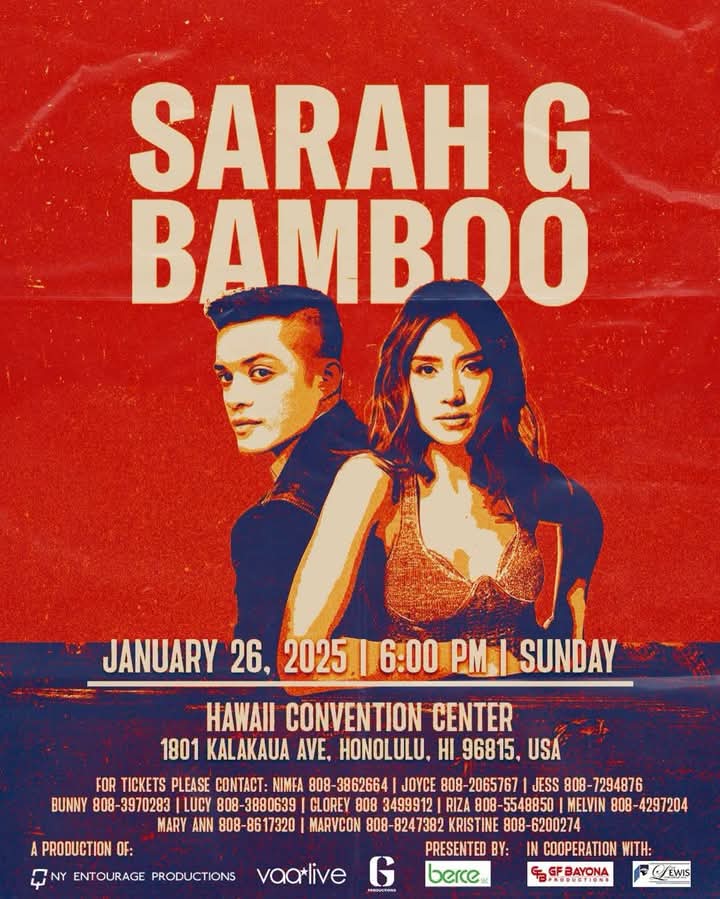 _DiploMatts_'s tweet photo. Get ready, Hawaii—Sarah G and Bamboo are coming! Get your tickets now and experience this one of a kind collab concert. 🌴🌺 @JustSarahG and Bamboo
SARAH G x BAMBOO
January 26, 2025 - 6PM
Hawaii Convention Center
#SarahGxBamboo
#AshBooConcert
©️📷 @gproductionsph https://t.co/P8ouVhnfGt