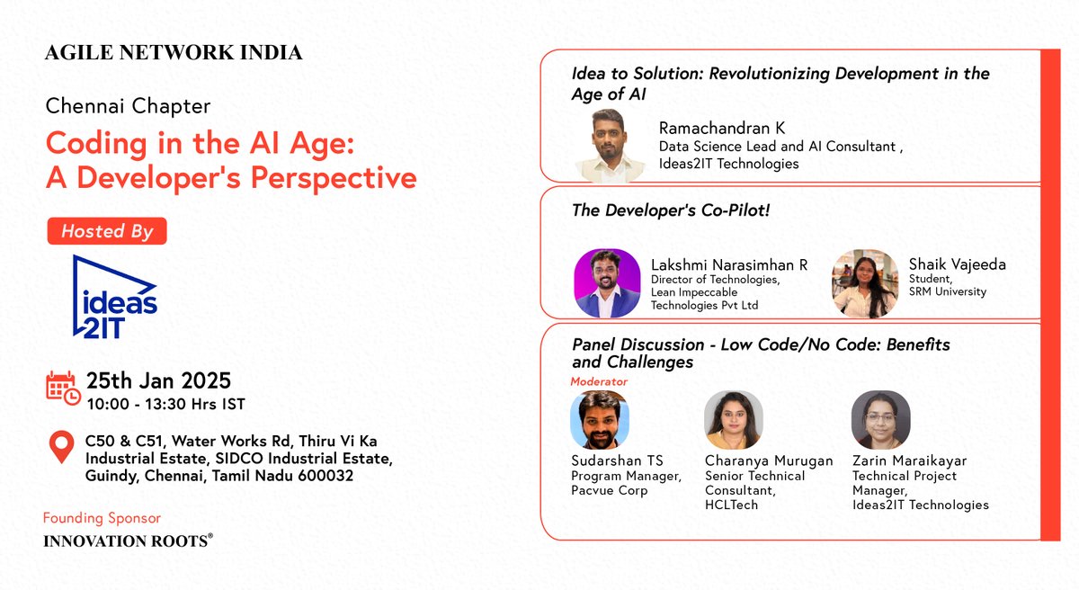 AgileNetwork_in's tweet image. Agile Network India #ChennaiChapter | #JanuaryEvent

Agenda Live!

Date: 25th Jan, 2025 (Saturday)

Time: 10:00am to 1:30pm

Hosted By: Ideas2IT Technologies, #Chennai

Join us: agilecommunity.org/event-details/… (Free to Participate)