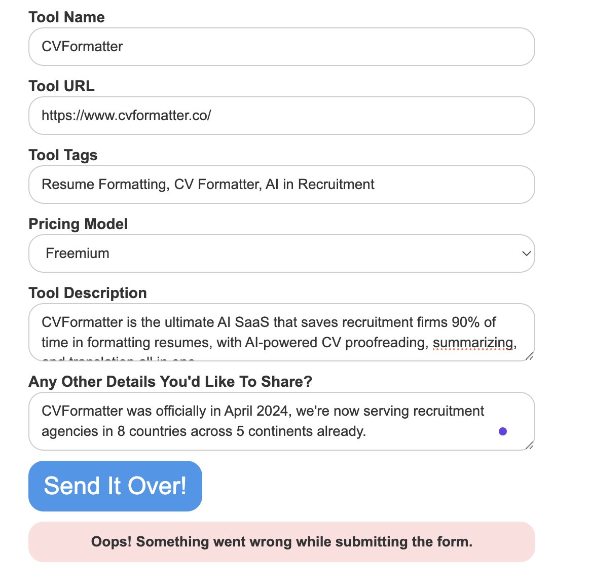 MeetIndieDaisy's tweet photo. @mreflow I have been trying to submit our AI vertical SaaS tool to futuretools(dot)io in the past few days. Every time when I clicked on Submit, the form returns: 

❌ "Oops! Something went wrong while submitting the form." ❌

Is futuretools(dot)io still working?? https://t.co/u3yqeTTBKQ