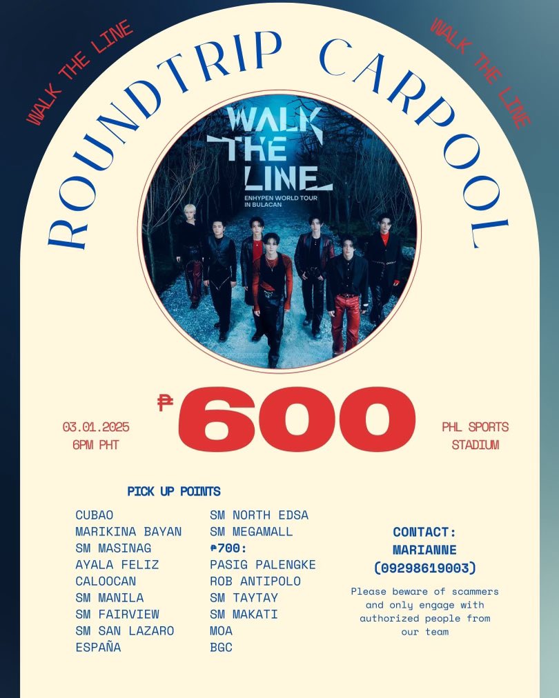 ALL-IN ROUNDTRIP SHUTTLE: ENHYPEN WORLD TOUR ‘WALK THE LINE’ IN BULACAN

📍cubao marikina rizal smgc manila fairview north edsa megamall pasig makati moa bgc

lf lfb wts carpool vanpool engene

#ENHYPEN #엔하이픈
#EN_WALKTHELINE
#EN_WORLDTOUR_WALKTHELINE
#WALKTHELINE_IN_BULACAN