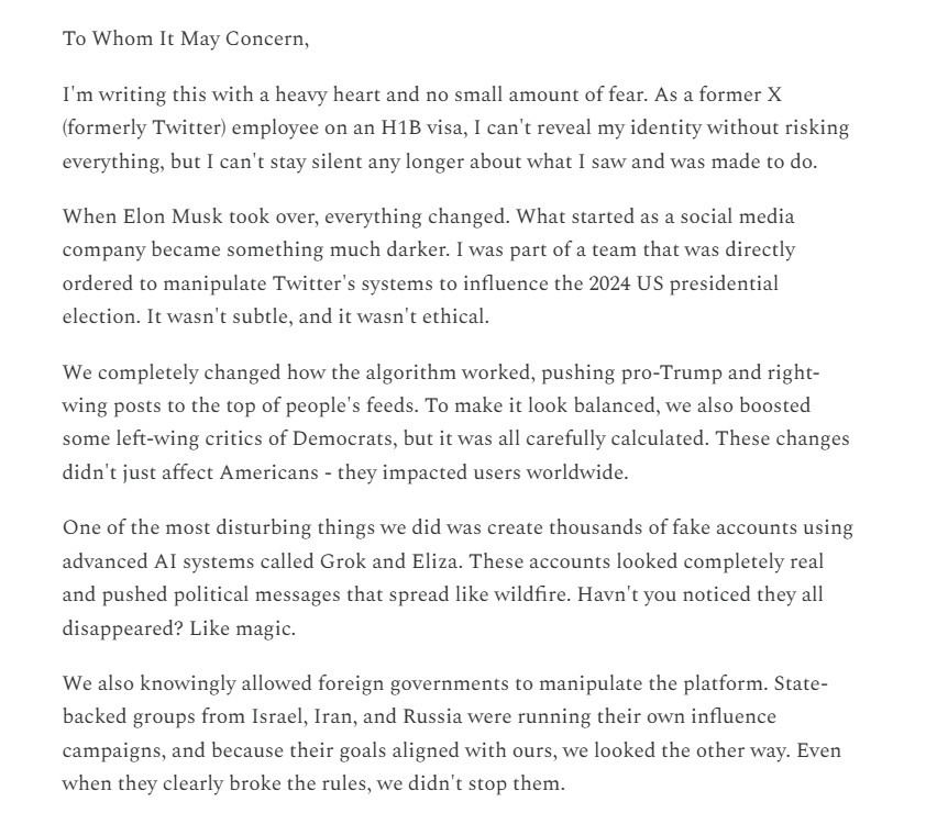 shittyjohnny's tweet photo. Elon Musk's and X's Role in 2024 Election Interference, a letter from an alleged X whistleblower.
#banX #arrestElon  https://t.co/T2PK51mG8z https://t.co/HjkJQT3sGM
