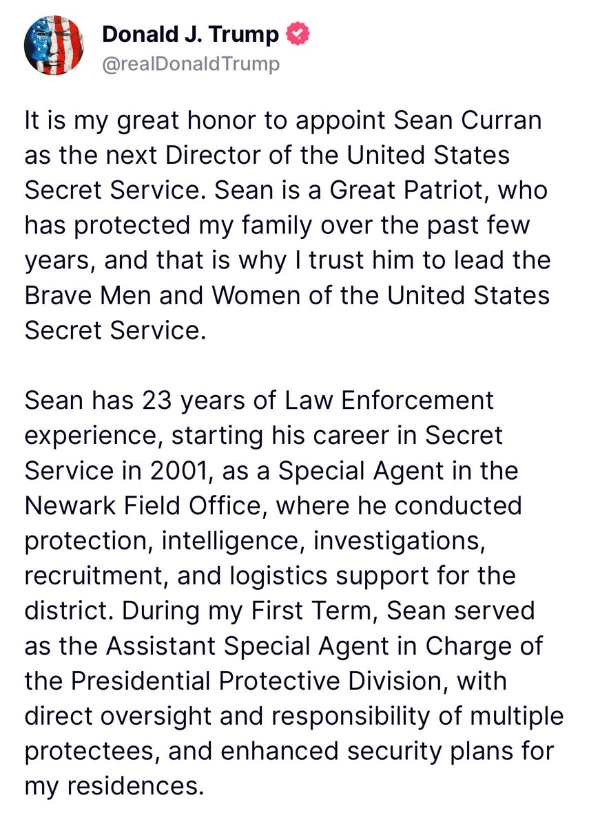 johnnymaga's tweet photo. BREAKING: Trump appoints Sean Curran to Secret Service Director 

Sean led Trump’s personal detail and was one of the first agents shielding him at Butler. https://t.co/nbkcvePFQY