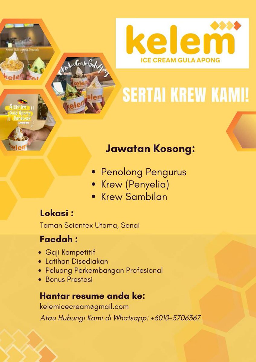 empayarkerjaya's tweet photo. 🎉 KAMI SEDANG MENCARI! 🎉🔥

KELEM AISKRIM GULA APONG SARAWAK sedang mencari individu hebat untuk menyertai pasukan kami!

📍 Lokasi: Taman Scientex Utama, Senai, Johor

✨ JAWATAN YANG DITAWARKAN:
1️⃣ PENOLONG PENGURUS CAWANGAN
💸 Gaji: RM2800 – RM3500 https://t.co/b8txr1AMBo