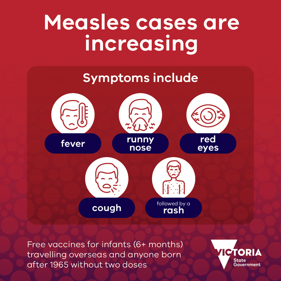 New cases of measles have been reported in Victoria, all linked to travel in Vietnam where there is currently a large outbreak.

For information on how to protect you and your family, head here: betterhealth.vic.gov.au/health/conditi…
