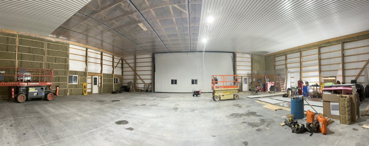 MoeChauvin's tweet image. Shop interior is coming along nice. Ceiling should be done tomorrow &amp;amp; north wall mostly insulated. Certainly can warm up the inside of the shop much better now that ceiling is closed up #ShopProject #WinterProject