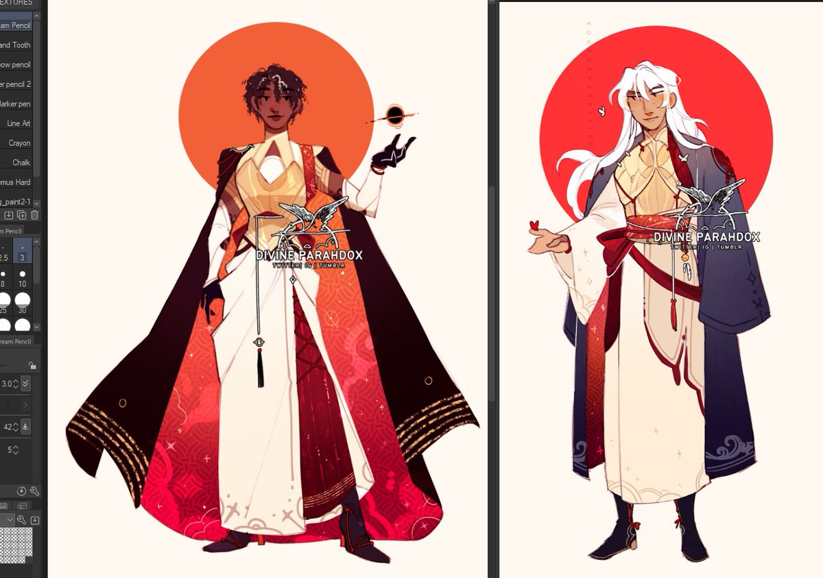 Fresh new character designs for my dnd ship, Iketasos (they/them) &amp; Nyleein (he/they)!! 🐯🦊