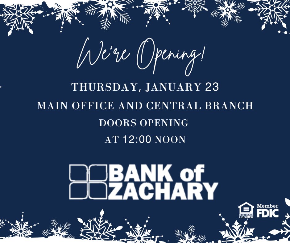 We are excited to announce that our Main and Central Branches will open at 12 noon on Thursday, January 23.   All branches will open for regular business hours on Friday, January 24.  Please travel safely, and we look forward to serving you soon.
#ThatsBoZ  #winterstorm2025