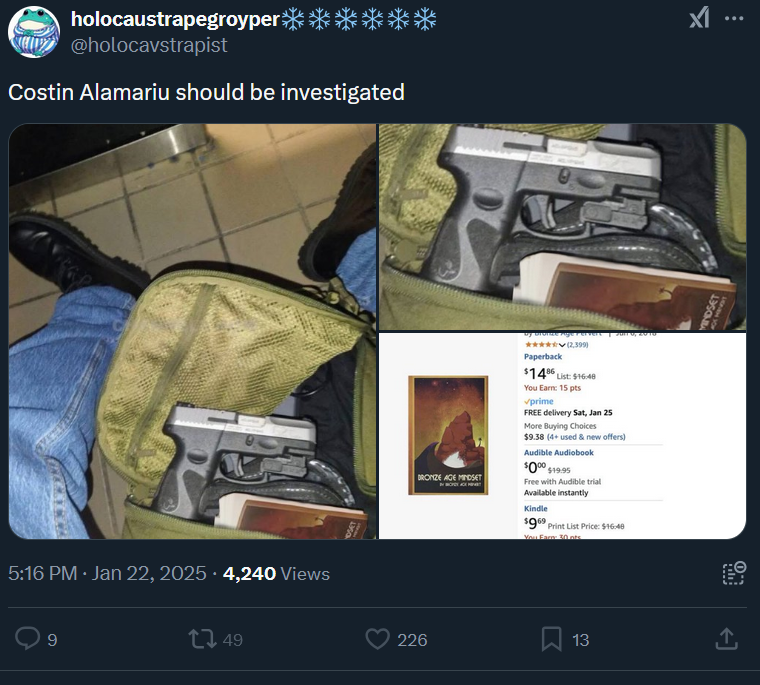 MajstcSeagull's tweet photo. Groypers are trying to tamper evidence by photoshopping @bronzeagemantis book into the shooters picture. 

Second pic is the real one https://t.co/dbEKebubjK