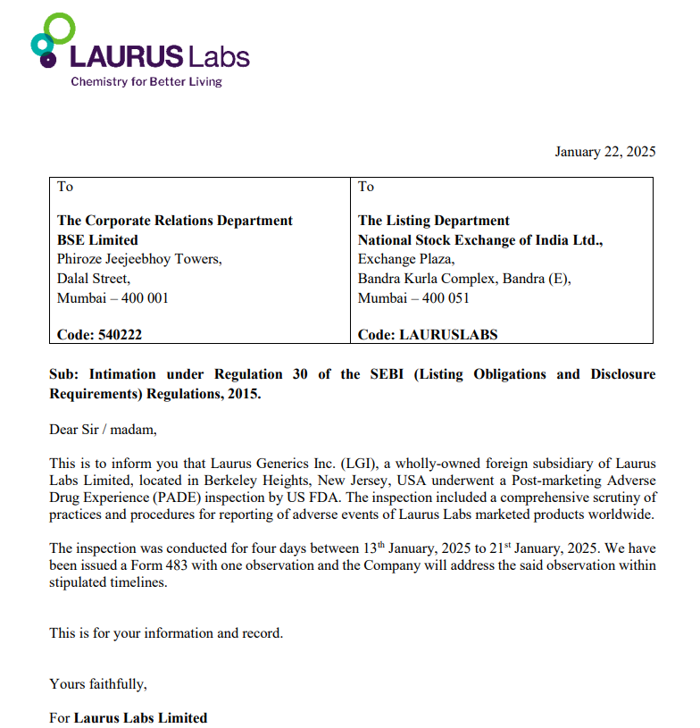 vluxeinvests's tweet image. 🔬 Laurus Labs: Laurus Generics Inc, a wholly-owned subsidiary in New Jersey, USA, underwent a PADE inspection by the #USFDA (13th–21st Jan 2025).

🔹Received a #Form483 with one observation.

🔹Committed to addressing the observation within stipulated timelines.

#LaurusLabs