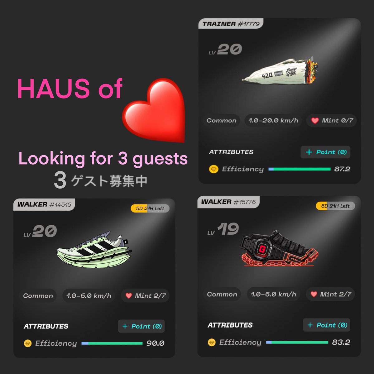 Haus of ❤️—🏠Looking for 3 guests

✨Saving up to get your Go sneaker?
✨#STEPN user wanting to try out Go?
 ✨Motivation to be active and healthy?

My haus is for you❤️👟👟👟🤗

🕓 Duration: 2 Weeks
⚡️ Energy: 4
🎁 Guest: 10%

1️⃣ Follow <a href="/KeL_1015/">Kelly《daD3viL😈 》</a> + <a href="/Stepnofficial/">STEPN GO</a> 
2️⃣ ❤️ Like +