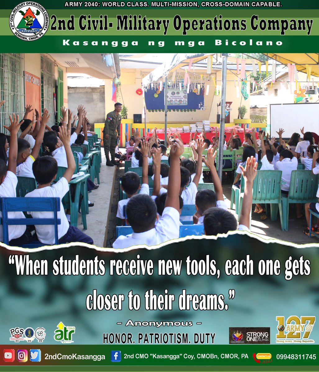 92ndK's tweet photo. QUOTE OF THE DAY
"When students receive new tools, each one gets closer to their dreams."
#strongoneafpphilippine
#KaagapayNgMgaBikolano
#MatatagNaHukbongKatihan
#strongarmystrongrepublic
#kasangga2024
#higthligths
#quoteoftheday https://t.co/pUVyOSJUOH