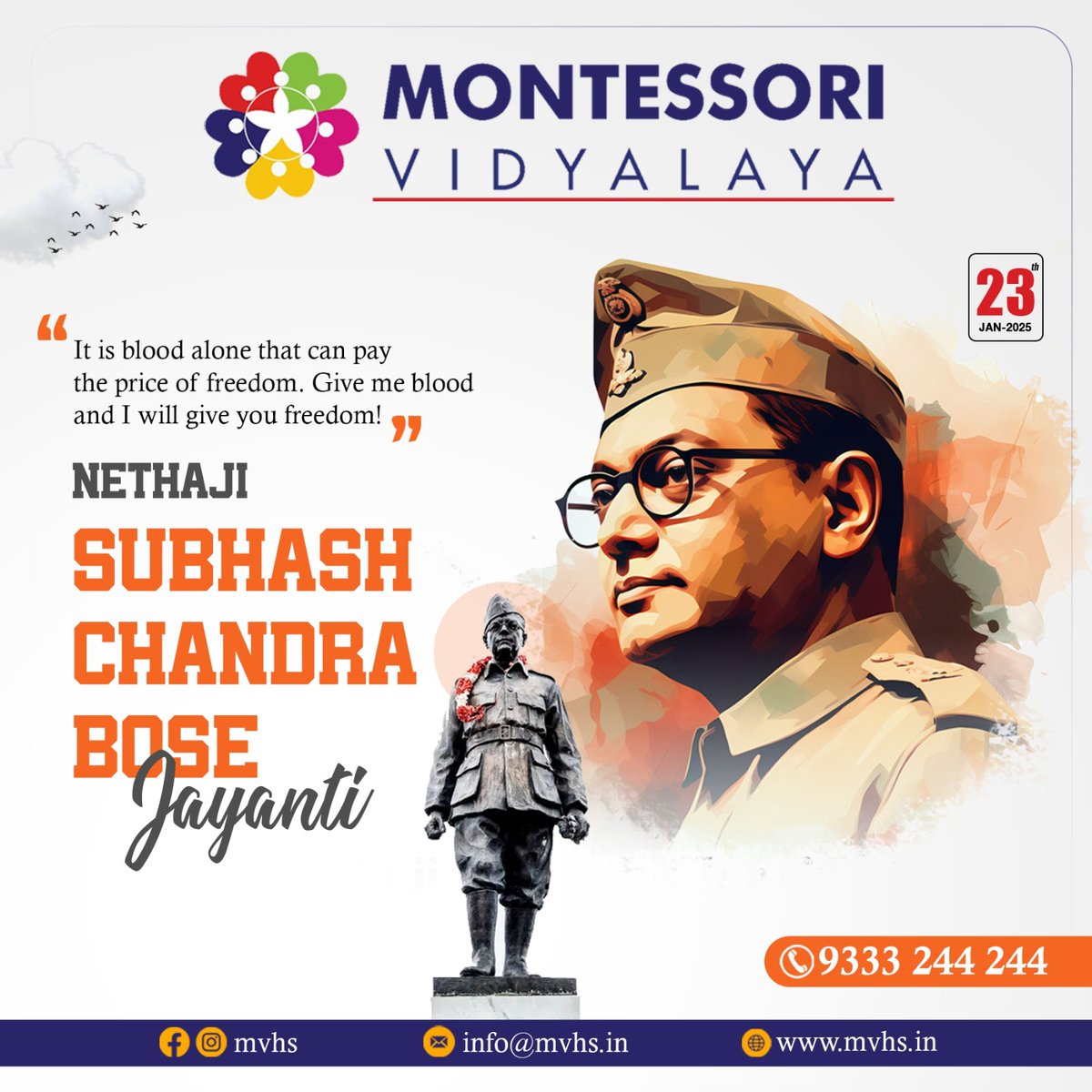 mvhshyd's tweet photo. "On this special day, we honor Netaji Subhas Chandra Bose—a symbol of resistance, sacrifice, and unyielding patriotism. His life reminds us that true leadership comes from unwavering commitment to the nation. Jai Hind! 🇮🇳 #NetajiForever" https://t.co/Kp9SFUnK8X