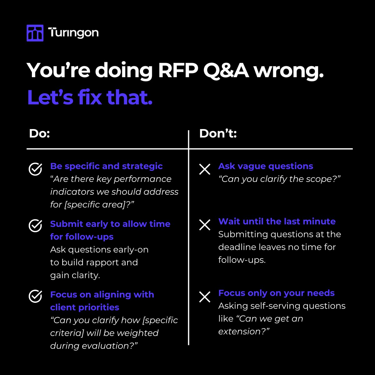 WeAreTuringonAI's tweet image. The Q&amp;amp;A phase can make or break your proposal. 

Check out these Do’s and Don’ts to gain a competitive edge.

Be the first to see how Proposal Pilot can streamline your workflow: turingon.ai/proposal-pilot

#RFPProcess #ProposalManagement #GovTech #StrongerProposals