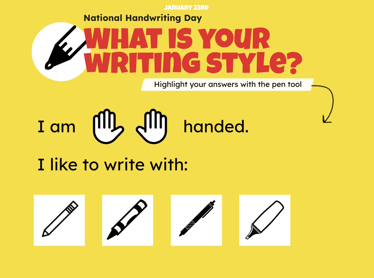 January 23rd: National Handwriting Day

✍️ ✏️ What’s Your Writing Style? Celebrate National Handwriting Day by exploring writing tools and styles. Let students reflect on how they express themselves.

📚 Remix this activity book to inspire writing in your classroom. Start here: