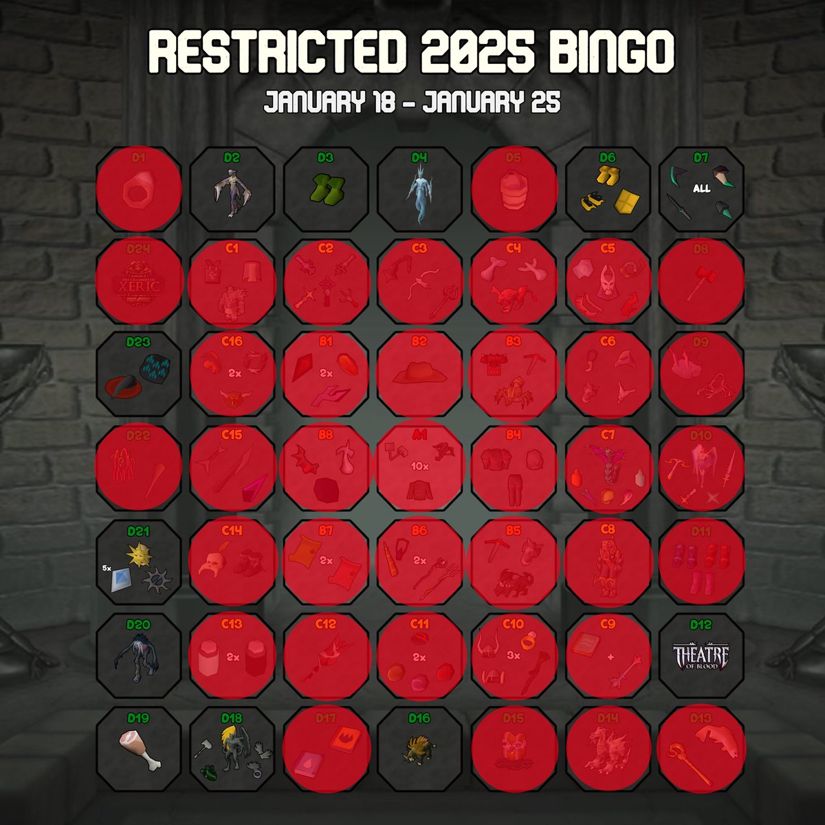 RestrictedOSRS's tweet image. Oohhh baby, with just over 3 days left in the competition, the UNTHINKABLE has occurred! Not only is the competition even tighter, but teams may just black this insane board out! 👀

Standings 📈

1. NC (~37.66 Tiles)
2. BBB (37 Tiles)
3. CZ (~23 Tiles)
4. RTB (~22.5 Tiles)