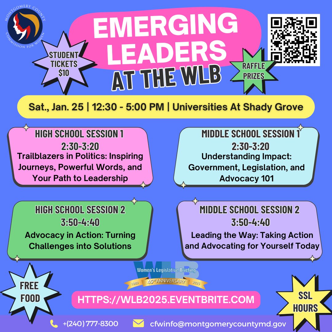 Montgomery County Commission for Women (@mocowomen) on Twitter photo Calling all middle and high school students! Join us at the WLB on Sat., Jan. 25, to hear from inspiring leaders, participate in dynamic workshops, and earn SSL hours! Tickets are $10 ow.ly/YbJh50UKgKs <a href="/RepAprilDelaney/">Rep. April McClain Delaney</a> <a href="/LesleyJLopez/">Del. Lesley Lopez</a> <a href="/CM_Sayles/">Councilmember Laurie-Anne Sayles</a> Calling all middle and high school students! Join us at the WLB on Sat., Jan. 25, to hear from inspiring leaders, participate in dynamic workshops, and earn SSL hours! Tickets are $10 ow.ly/YbJh50UKgKs <a href="/RepAprilDelaney/">Rep. April McClain Delaney</a> <a href="/LesleyJLopez/">Del. Lesley Lopez</a> <a href="/CM_Sayles/">Councilmember Laurie-Anne Sayles</a>