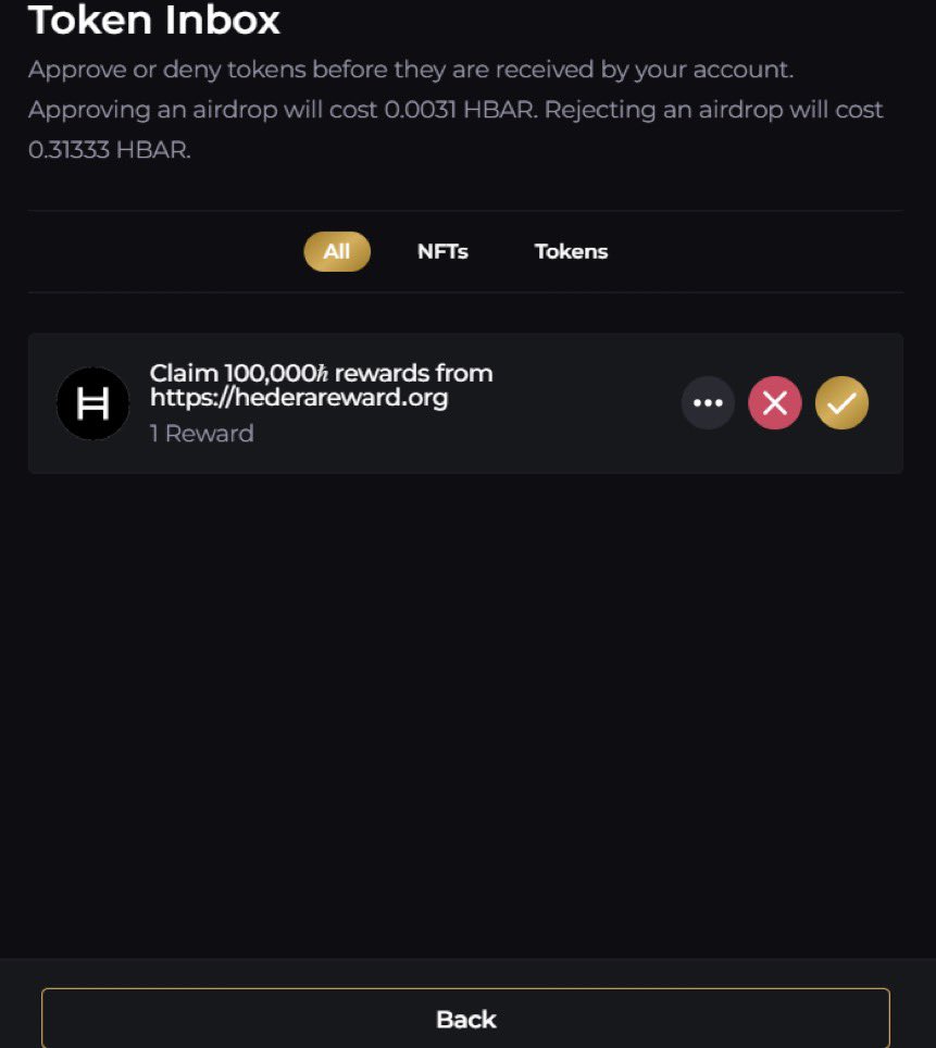 nanashemefan's tweet photo. .@hashpack users,
π BEWARE of this SCAM in your Token Inbox. Do not approve the airdrop! You may risk losing all your tokens in your wallet.
Stay safe.
$HBAR #HBAR #Hedera #HBARbarians #hederahashgraph #HashPackApp #HashPack https://t.co/K5dBaPq9AF