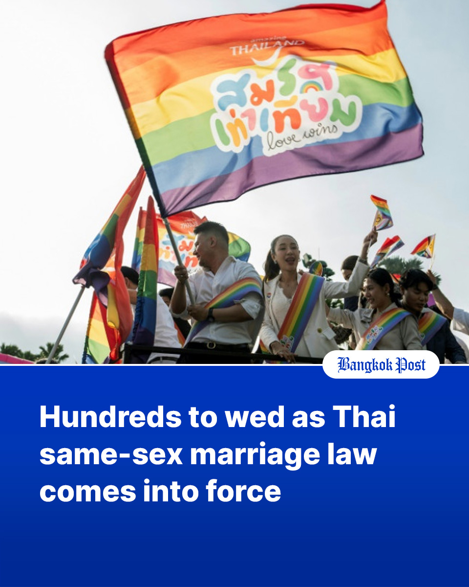 BangkokPostNews's tweet photo. Hundreds of same-sex couples are set to tie the knot in Thailand on Thursday as it becomes by far the largest nation in Asia to allow equal marriage.

Listen to the story or get the full story in the 1st comment.

#bangkokpride #marriageequality #lovewins #samesexmarriage #Thailand #lgbtq #pride #สมรสเท่าเทียม